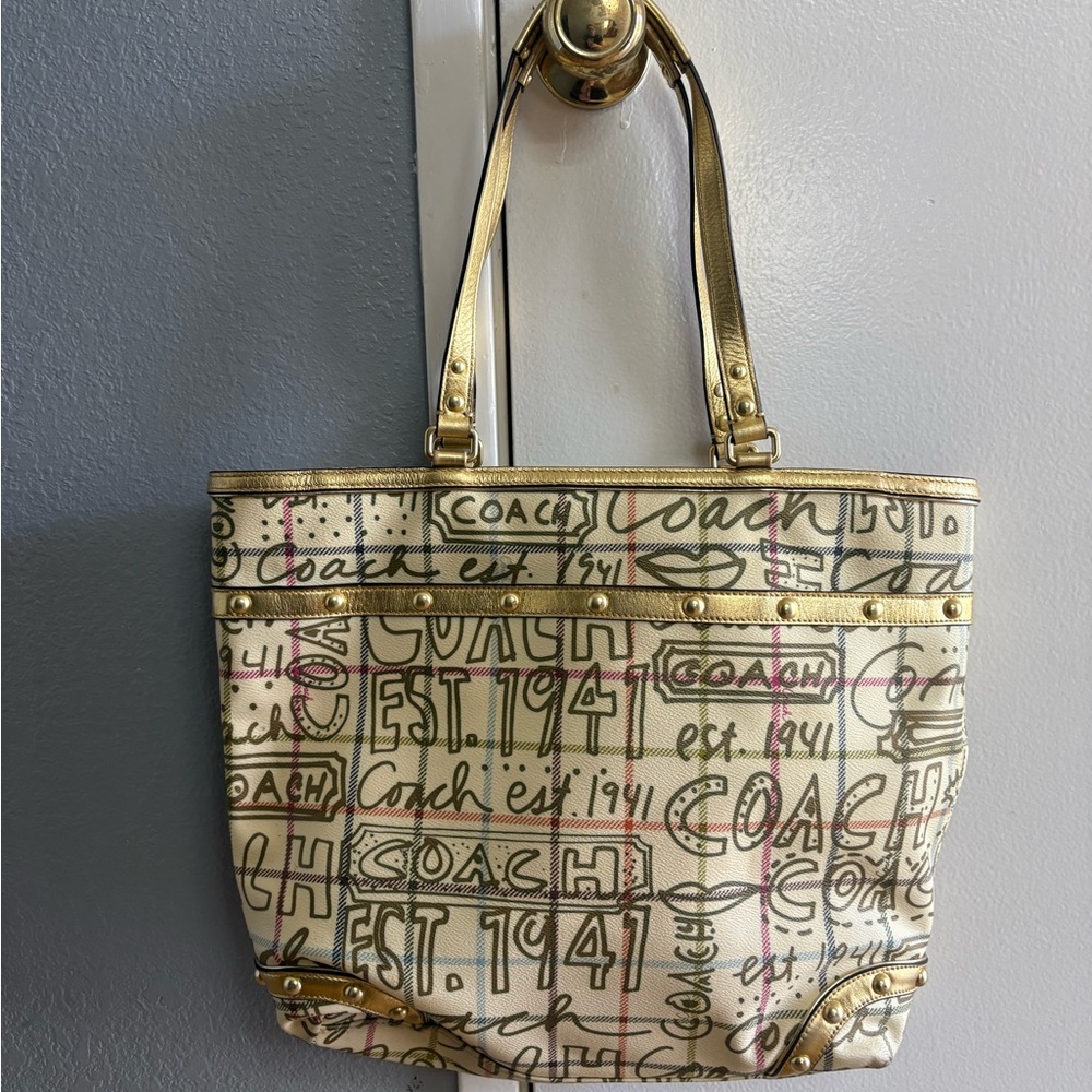 Coach Cream and Gold Monogram Tote Bag